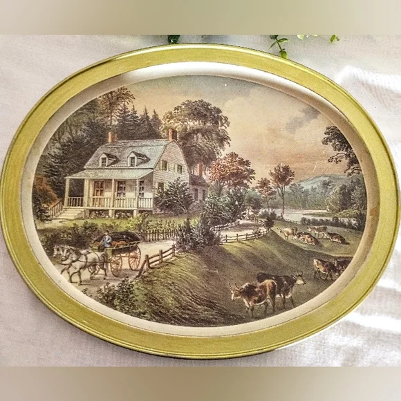 Vintage Currier & Ives Oval Tray - "The American Homestead" - Picture 2 of 11